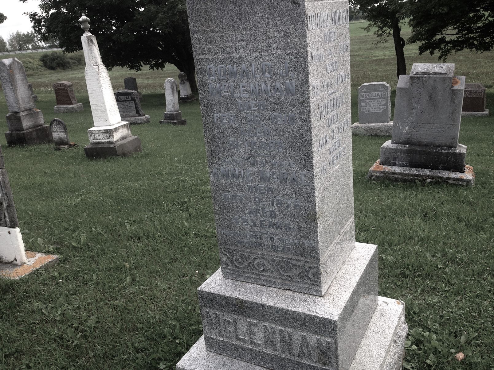 Photo of headstones/Donald McLennan d1910 & Annie McRae d1876 hdstn, Kirkhill United Cem, Ontario